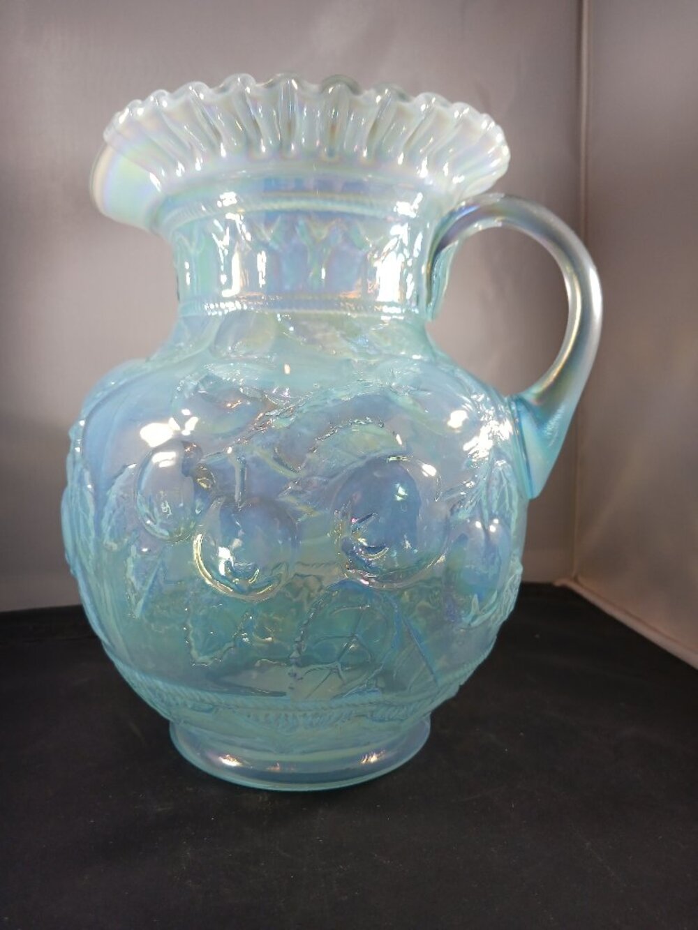 Fenton Opalescent Blue ‘Apple Tree’ Pitcher Large 9in Tall